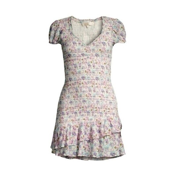 LOVESHACKFANCY Floral Smocked Mini Dress Puff Sleeve Asymmetric Ruffle Coquette - Picture 4 of 13